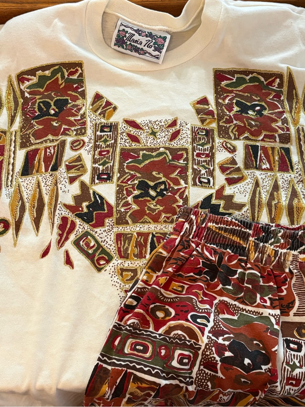 Vtg 90s Maria No T Shirt Shorts Set Medium Graphic Embellished Abstract Co-ord